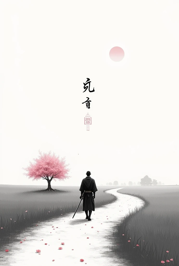 black and white drawing in Japanese style, Samurai in the distance (man, adult person) with a sword at his waist walking on a path through a field, a single pink cherry blossom tree nearby, The picture above shows a Japanese kanji "quiet". Everything is harmonious around