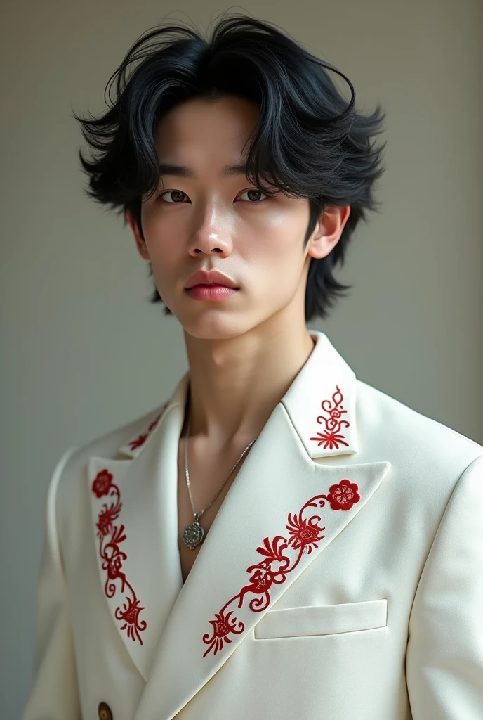 Young man with black wavy hair wearing a white suit with red details and ancient symbols on it.