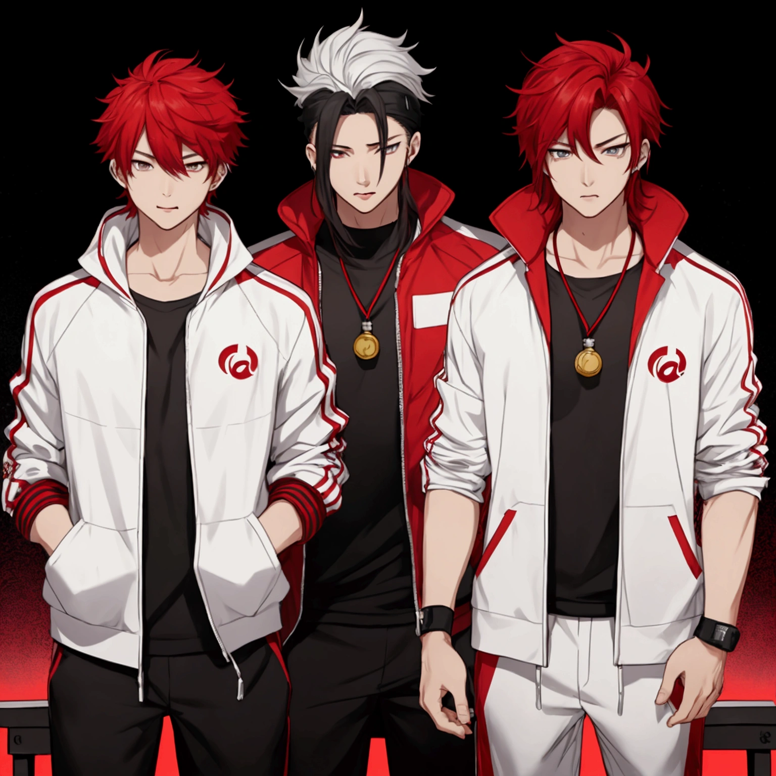 One man、Red Hair、The tips and roots are white、Gradient eyes、Sticking out tongue、Long Tongue、modern、anime、Character Chart、Tachie、uhd、High resolution、Highest quality、Young Man、Clothing like sportswear with a dominant red and white color scheme、Sports competition。A cannon pendant can be worn around the neck、Enhances a young and stylish image。His expression and posture may be a bit tense、He himself appears short-tempered and aggressive.、Aggressive facial expression。Oscar Winner、受賞歴のあるMovie stills、Movie stills、Movie stills、Movie shots、Very moving、VTuber Full Body Model、Simple Background