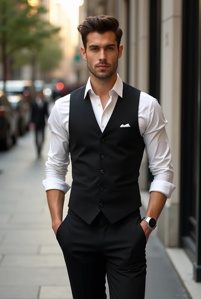 Young man wearing black trousers, white shirt and black vest