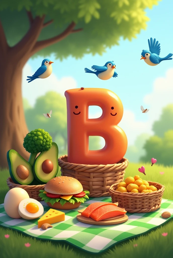 The letter B smiling, on a picnic, with a green and white checkered towel, with lots of food, eggs, broccoli, avocado, sandwich, Nuts, salmon, cheese, with a tree in the background, your blue, Birds flying