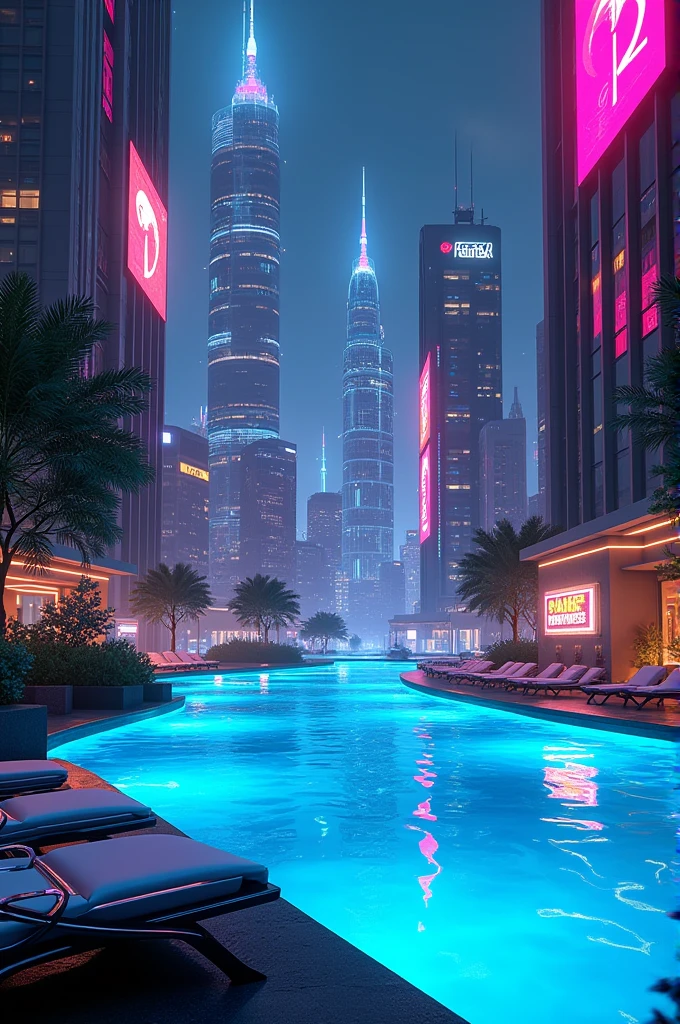 Neon City Pool at night.