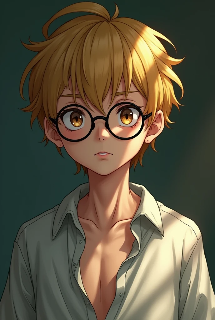 boy, a yellow brown hair, brown eyes , big nipples visible from shirt, round white glasses, anime