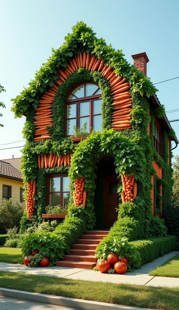 Create a cinematic 4K image, DSLR Canon style, of a life-sized house that appears to be made entirely of vegetables, located in a neighborhood in Los Angeles. The house should look as if it is constructed from various types of vegetables, such as carrots, tomatoes, and lettuces, forming the walls, roof, and decorative details. Show the house in a typical Los Angeles neighborhood setting, with neighboring houses and an urban backdrop, highlighting the texture and appearance of the vegetables, creating a visually striking and appetizing scene."