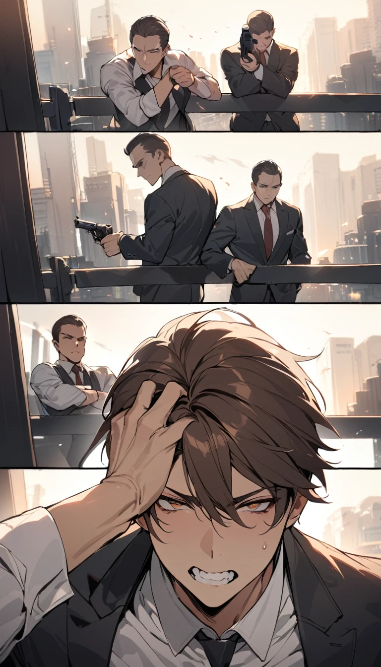 masterpiece,Highest quality:1.2,One person,business suit,Rolled up sleeves:1.0,Hitman,He is on guard, holding a revolver close to his face:1.0,Brown Hair,Double eyes,Gritting their teeth, enjoying the fight
