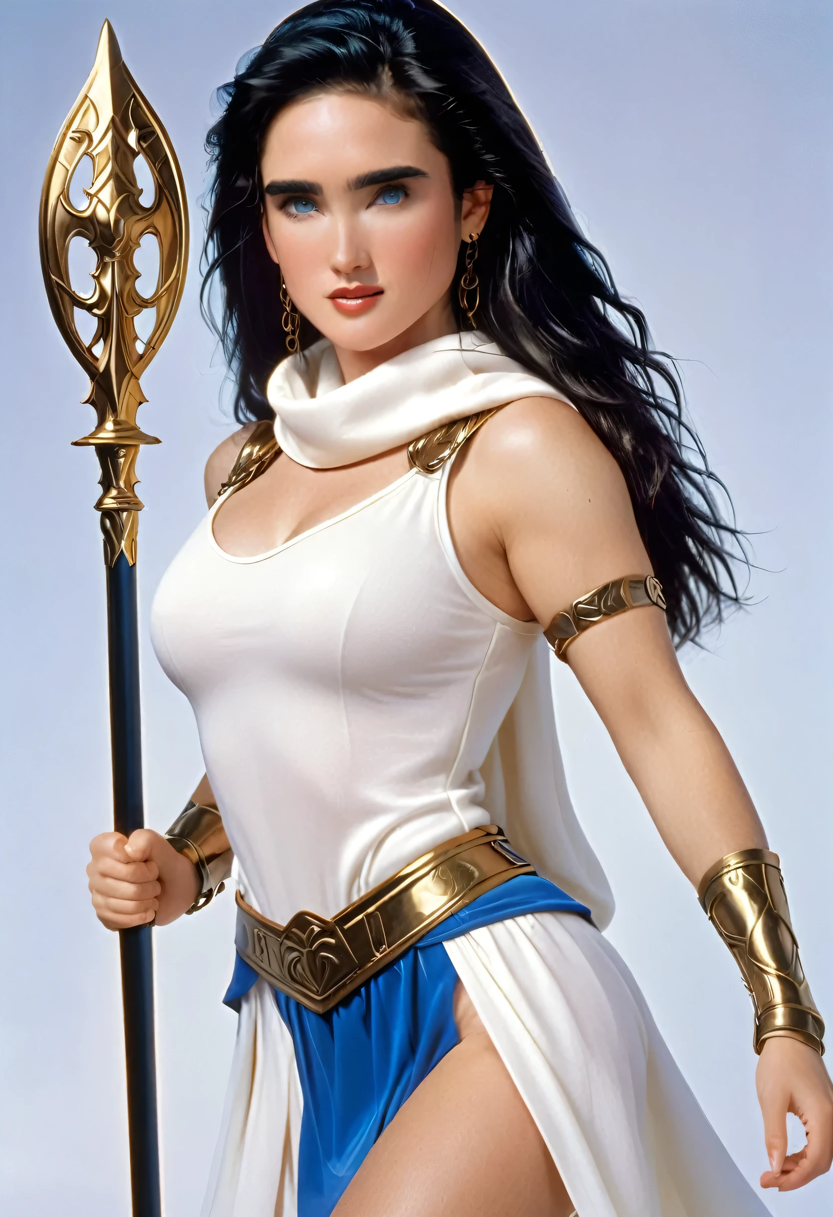 Jennifer Connelly, sexy Greek superheroine who is a demigoddess , blue eyes and long black hair. She wears a blue and white outfit, she has bracelets that are gold, and has long blue boots with a black outline . she holds a long spear , She also wears a white scarf around her waist... portrait photography by , no estilo do realismo, shining skin, , natural lighting, Defined full lips. Muscular fitness female body (Therapy) (cookie smile) (shield on her back)
