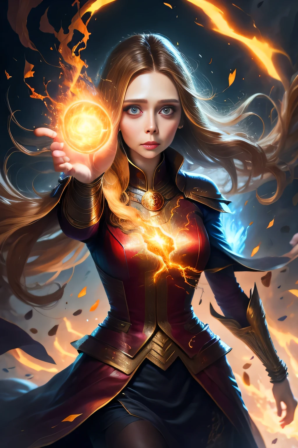1 beautiful woman "Elizabeth Olsen",(Caucasian skin), fire storm, Lightning in the hand, a skirt,glowing light eyes,light in eyes