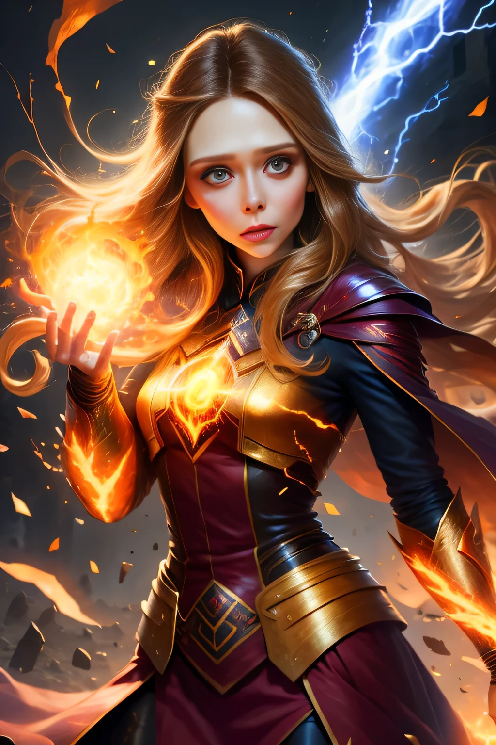 1 beautiful woman "Elizabeth Olsen"，(Caucasian skin)， fire storm, Lightning in the hand, a skirt,glowing light eyes，light in eyes