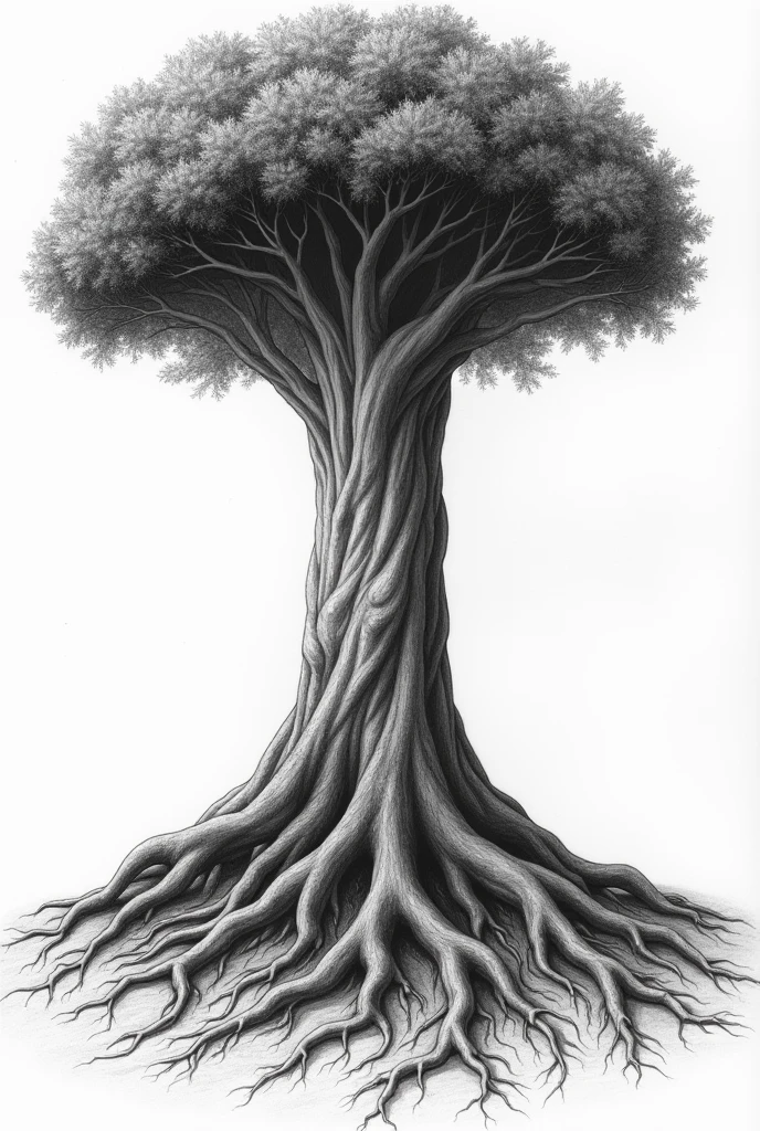 Graphite pencil drawing of a tree with deep roots