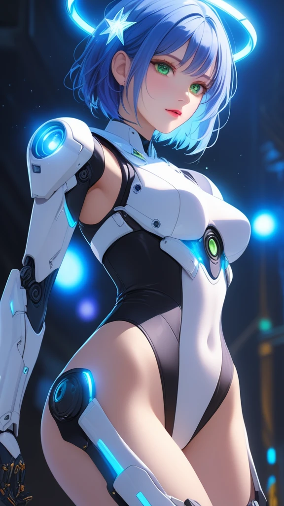 light particles, halo, (bioluminescent:0.95), bioluminescent, piercing glare, vibrant, (((colourful))), color, (glowing, glow), reflection light, depth of field, from behind, multiple views, delicated best quality, (((masterpiece))), ((best quality)), ((ultra-detailed)), (CG illustration), (an extremely devious and beautiful)), cinematic light, ((1 mechanical girl)), (white, blue hair), (short hair), (green eyes), (purple lips), (absurdly large silver robe), single, full, mechanical halo,star halo,intricate mechanical bodysuit, mecha corset, (full armor: yalow and white), (machine-made joints: 1.4), ((mechanical limbs)), ( blood vessels attached to the tube), ((mechanical spine attached to the back)), ((mechanical cervical vertebrae attached to the neck), ((combat stance)), expressionless, (wires and cables attached to the head and body: 1.5), (character focus), science fiction, apocalypse, glow, (full shoot body:1.1), looking at viewer