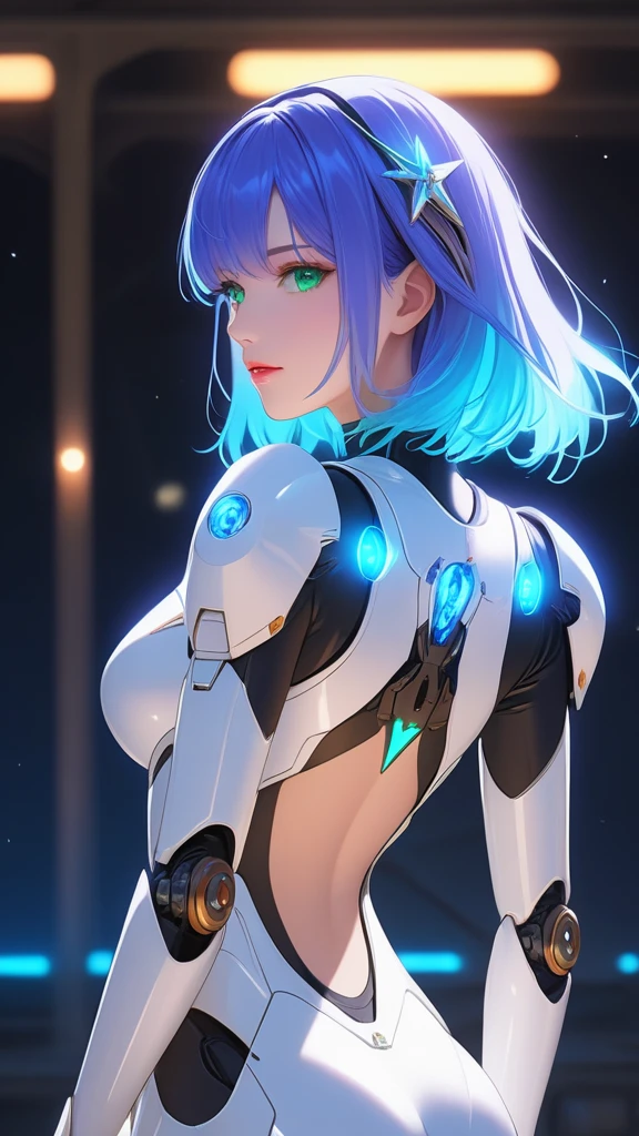 light particles, halo, (bioluminescent:0.95), bioluminescent, piercing glare, vibrant, (((colourful))), color, (glowing, glow), reflection light, depth of field, from behind, multiple views, delicated best quality, (((masterpiece))), ((best quality)), ((ultra-detailed)), (CG illustration), (an extremely devious and beautiful)), cinematic light, ((1 mechanical girl)), (white, blue hair), (short hair), (green eyes), (purple lips), (absurdly large silver robe), single, full, mechanical halo,star halo,intricate mechanical bodysuit, mecha corset, (full armor: yalow and white), (machine-made joints: 1.4), ((mechanical limbs)), ( blood vessels attached to the tube), ((mechanical spine attached to the back)), ((mechanical cervical vertebrae attached to the neck), ((combat stance)), expressionless, (wires and cables attached to the head and body: 1.5), (character focus), science fiction, apocalypse, glow, (full shoot body:1.1), looking at viewer