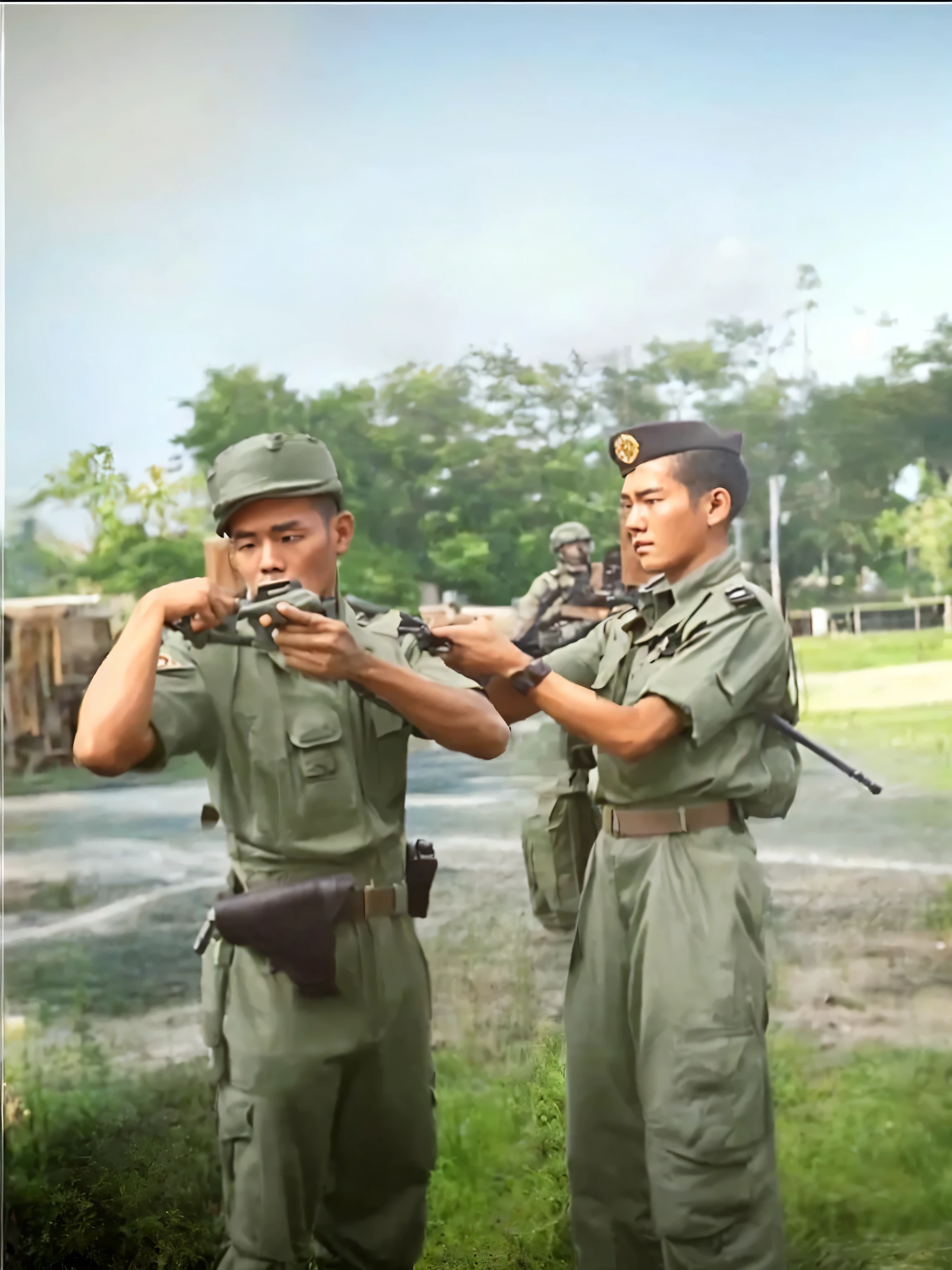 Make this photo look realistic and detailed, there are two men in uniform standing next to each other, soldier an indonesia, very detailed potrait, realistic portrait photo, close up potrait, profile portrait, very detailed face, very realistic face, very perfected face, very detailed clothes, very realistic clothes, very perfected clothes
