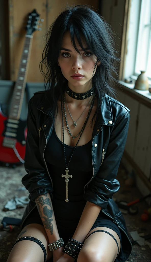 Mouth, A girl, Solitary, In a messy room, Guitar, 、Spiked collar、24 years old white female、Sexy proportions、Punk rock fashion、Black shirt、leather jacket、Leather shin guards、Gorgeous makeup、Long hair、Rosary Necklace、Rosary Earrings、Wear the spiked bracelet on your wrist