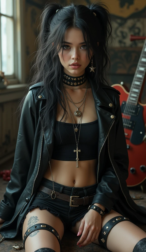 Mouth, A girl, Solitary, In a messy room, Guitar, 、Spiked collar、24 years old white female、Sexy proportions、Punk rock fashion、Black shirt、leather jacket、Leather shin guards、Gorgeous makeup、Long hair、Rosary Necklace、Rosary Earrings、Wear the spiked bracelet on your wrist