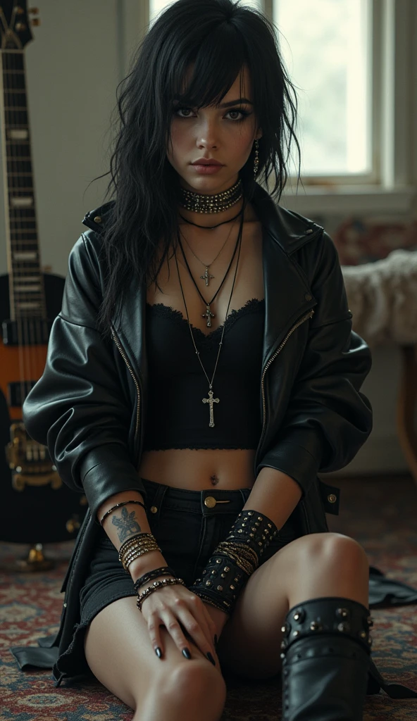 Mouth, A girl, Solitary, In a messy room, Guitar, 、Spiked collar、24 years old white female、Sexy proportions、Punk rock fashion、Black shirt、leather jacket、Leather shin guards、Gorgeous makeup、Long hair、Rosary Necklace、Rosary Earrings、Wear the spiked bracelet on your wrist