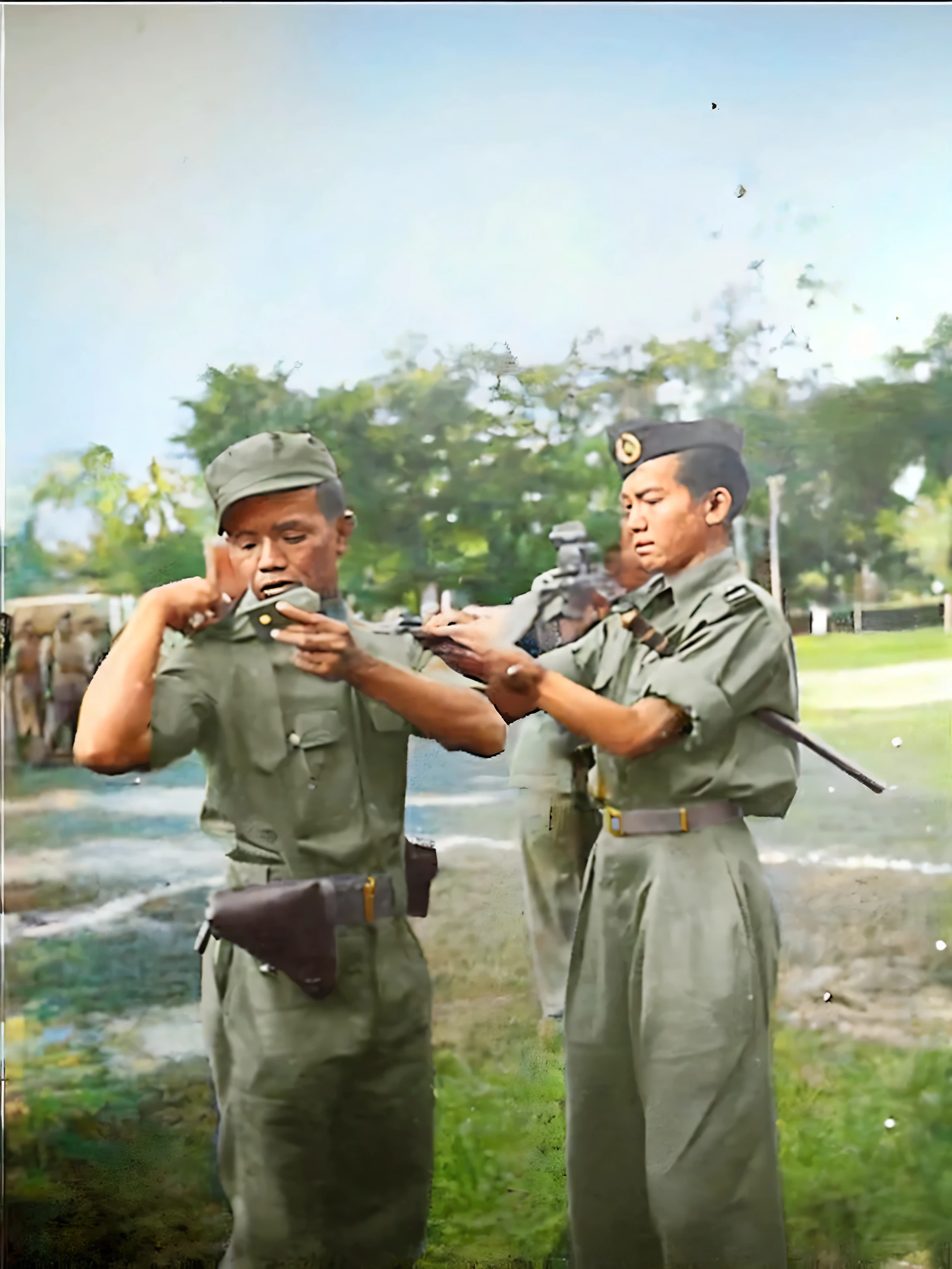 Make this photo look realistic and detailed, there are two men in uniform standing next to each other, soldier an indonesia, very detailed potrait, realistic portrait photo, close up potrait, profile portrait, very detailed face, very realistic face, very perfected face, very detailed clothes, very realistic clothes, very perfected clothes
