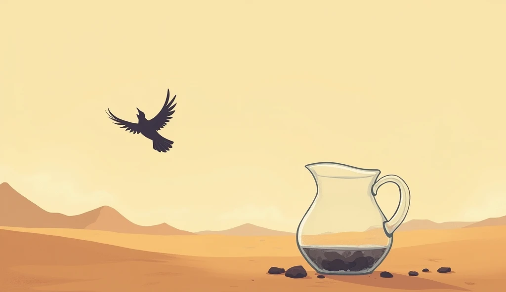 A simple and serene background, perhaps with the crow flying off into the distance.
And a little far away there is a transparent pitcher on a ground with pebbles and water inside pitcher 
The background is desert
Image size is 16 by 9