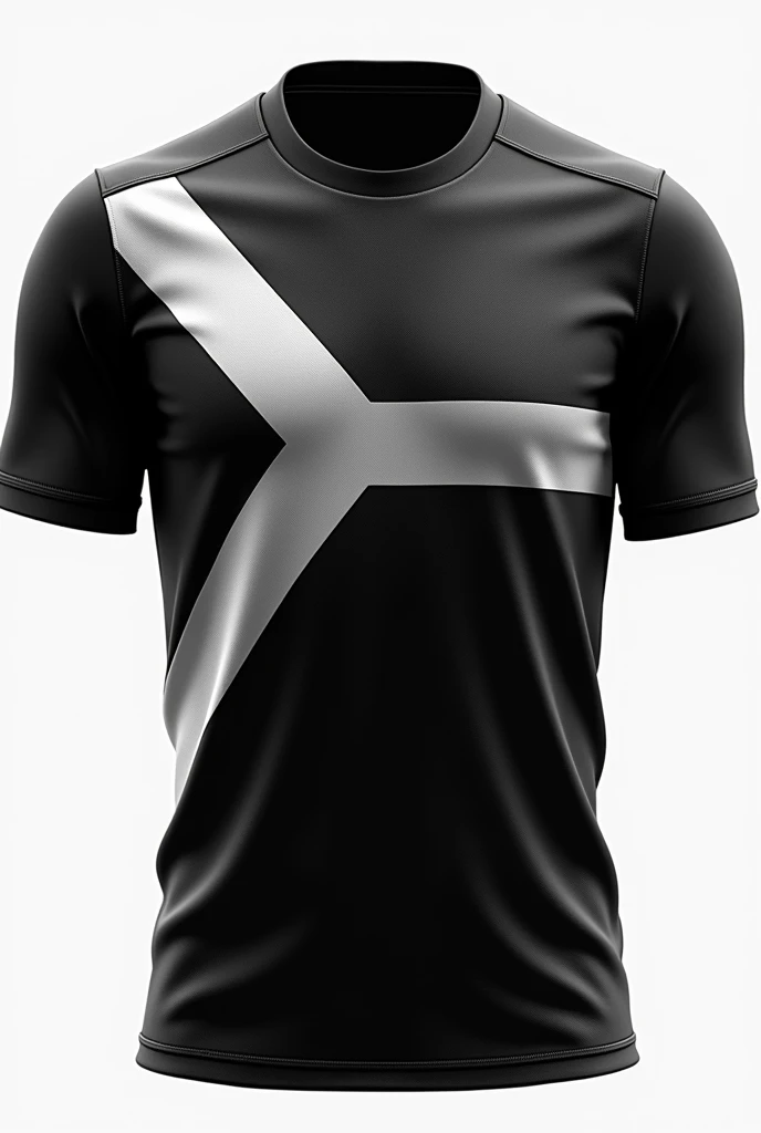 Create a team jersey, This truck has to be black with a white stripe on the vertical., This stripe has to be on the left side of the shirt., and a horizontal white stripe at chest level, forming a cross with a smaller side