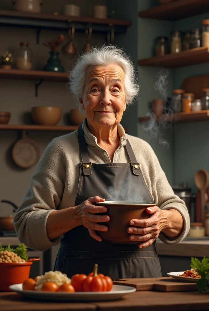 Grandmother cook with a pot in her hands