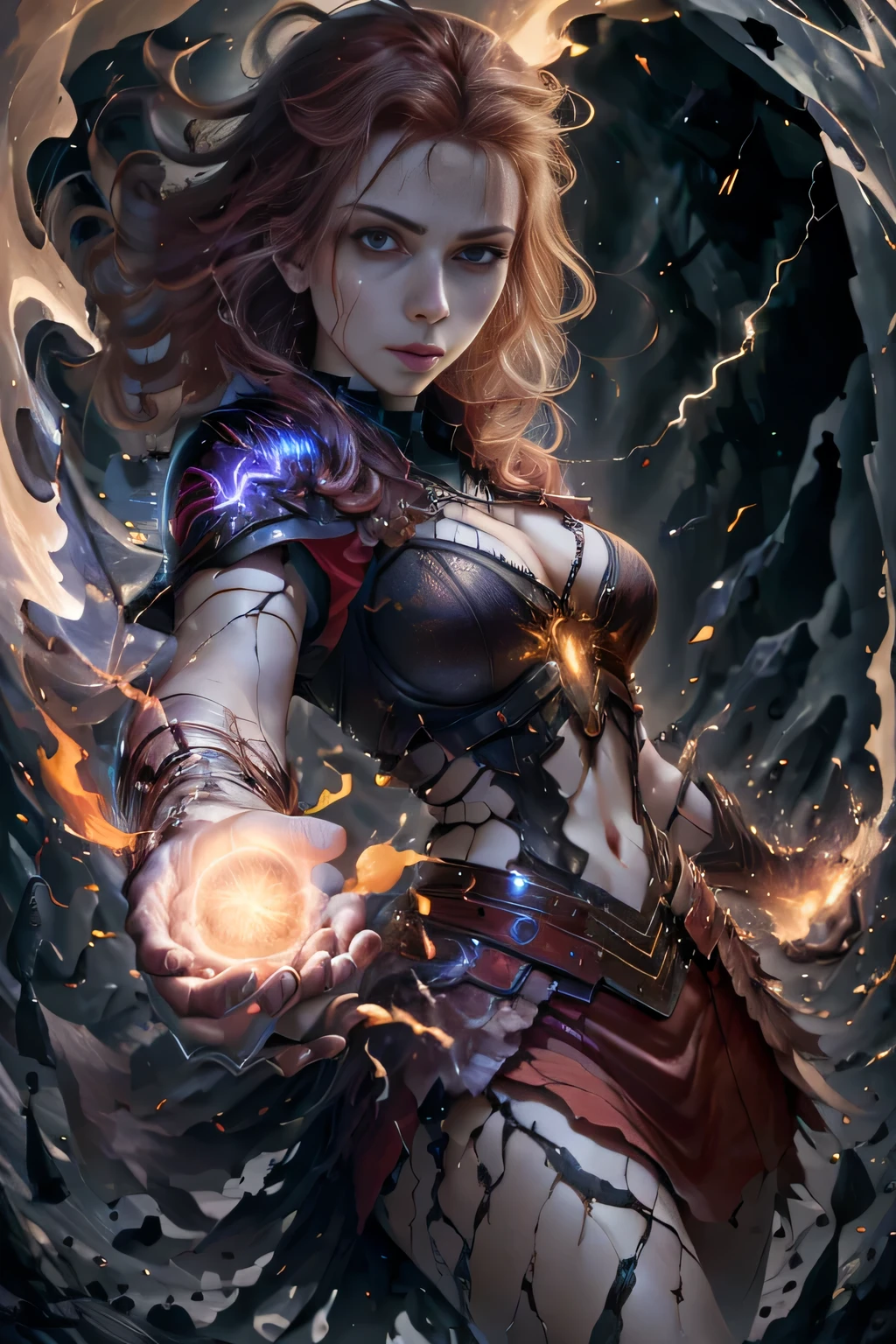 1 beautiful woman "Scarlett Johansson",(Caucasian skin), fire storm, Lightning in the hand, a skirt,glowing light eyes,light in eyes