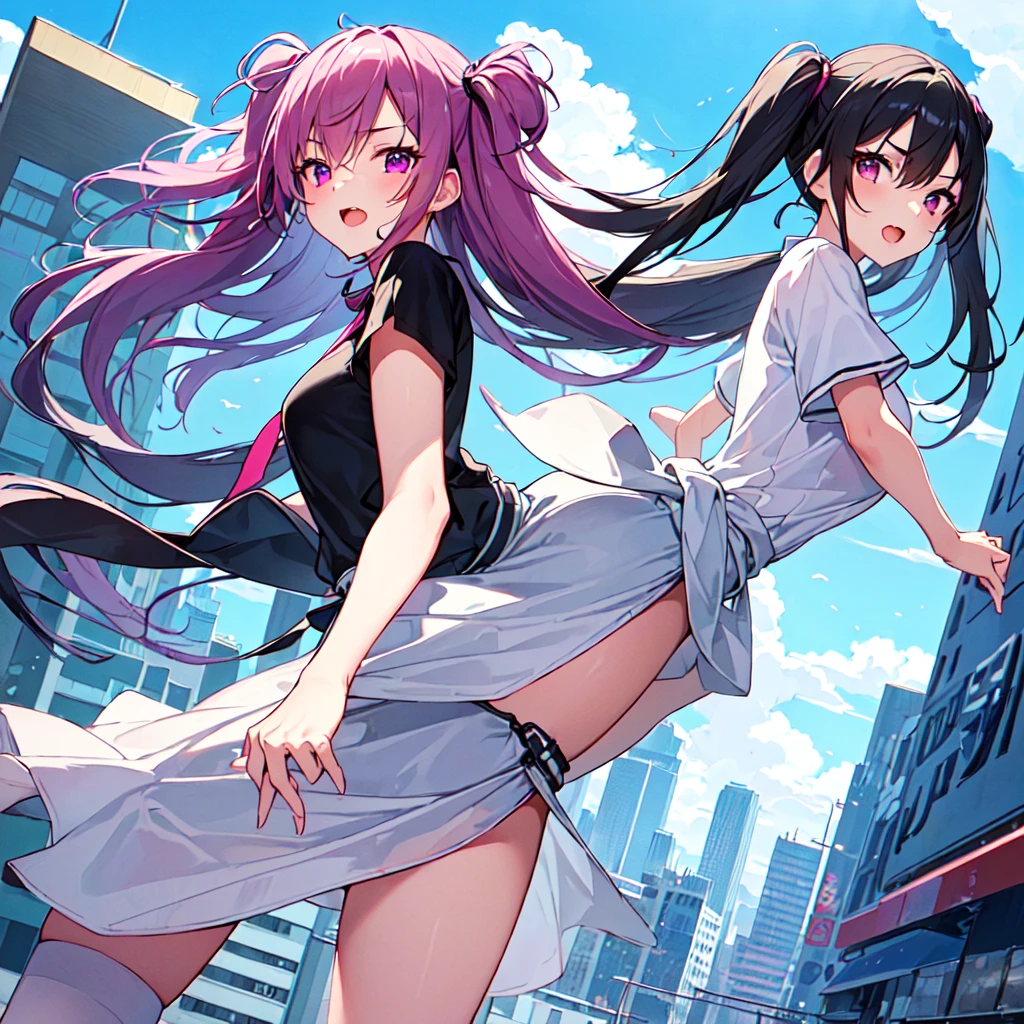 masterpiece, best quality, high quality, extremely detailed, very delicate and beautiful, (1 female 18 years old solo:1.5), (long black hair up to waist with two-side up:1.5), bangs to eyebrows, eyes (eyes sharp, strong, glossy, glossy eyebrows), (eye color magenta:1.3), 6.5 head height, (summer short sleeve casual fashion:1.3), knee socks, lace, ruffles, (meeting someone:1.3), (dynamic pose), (background city and blue sky:1.3)
