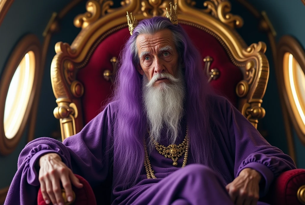 Rei de purple hair sentando em um trono, interior of futuristic ship, Interstellar. 8k, extraterrestrial, gold on the wall, purple hair, Old king
