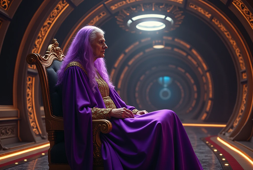 Rei de purple hair sentando em um trono, interior of futuristic ship, Interstellar. 8k, extraterrestrial, gold on the wall, purple hair, Old king