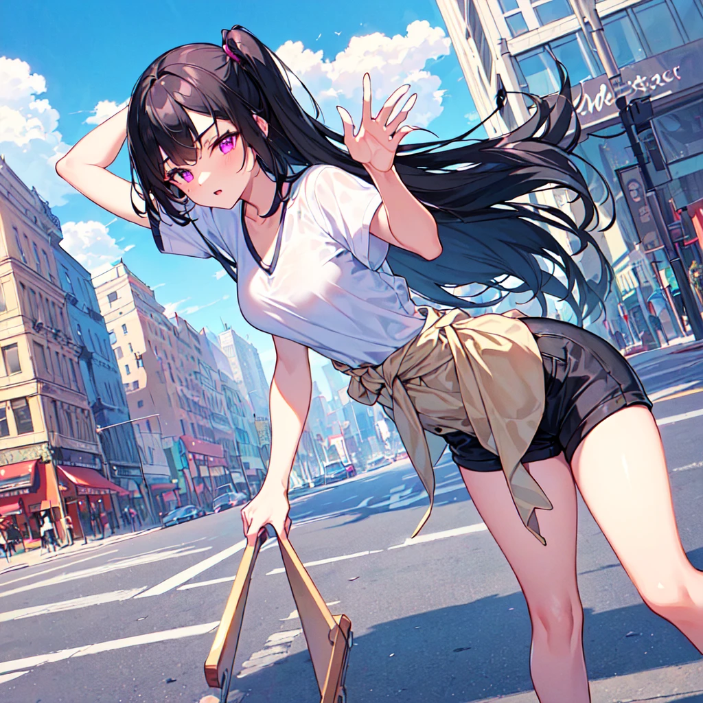 masterpiece, best quality, high quality, extremely detailed, very delicate and beautiful, (1 female 18 years old solo:1.5), (long black hair up to waist with two-side up:1.5), bangs to eyebrows, eyes (eyes sharp, strong, glossy, glossy eyebrows), (eye color magenta:1.3), 6.5 head height, (summer short sleeve casual fashion:1.3), knee socks, lace, ruffles, (meeting someone:1.3), (dynamic pose), (background city and blue sky:1.3)