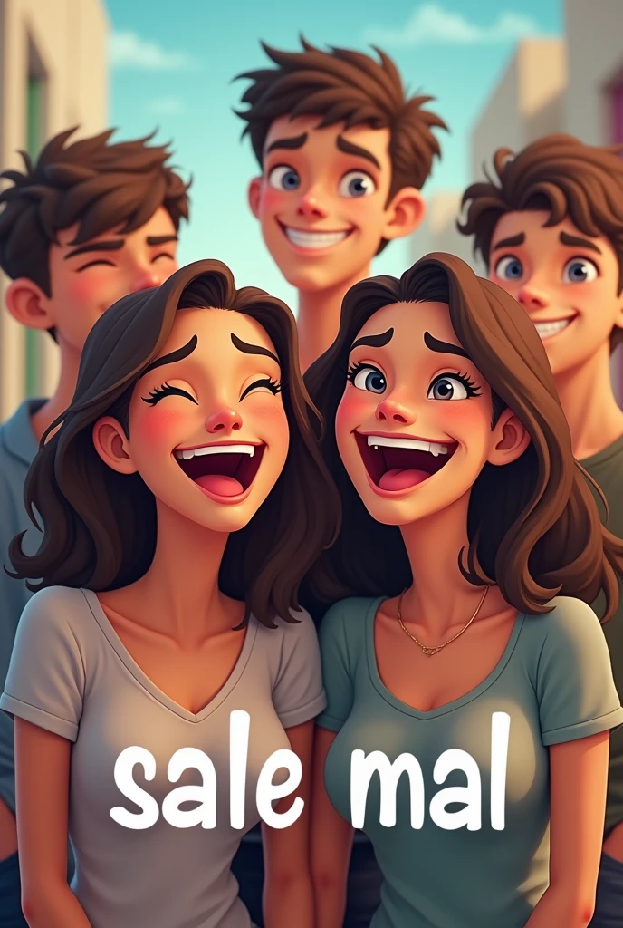 Generate a YouTube thumbnail of two friends laughing and their boyfriends crying behind them with the text "sale mal"