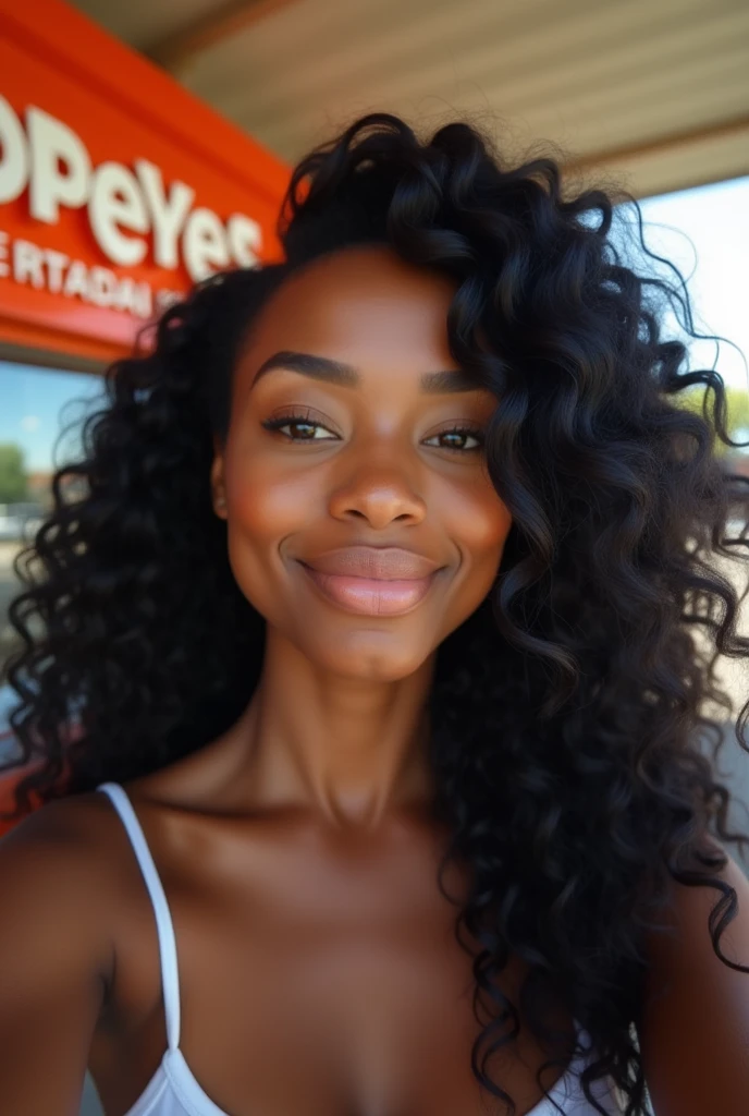 there is a black woman , the woman has, she has dark skin, with dark brownish skin, with long curly, long black loose moisturised curly hair she is taking a selfie with a popeyes in front of her