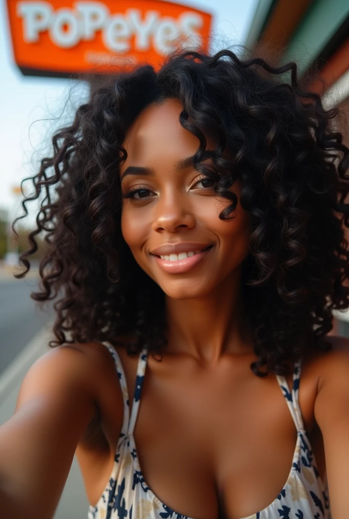  there is a black woman , the woman has, she has dark skin, with dark brownish skin, with long curly, long black loose moisturised curly hair she is taking a selfie with a popeyes in front of her