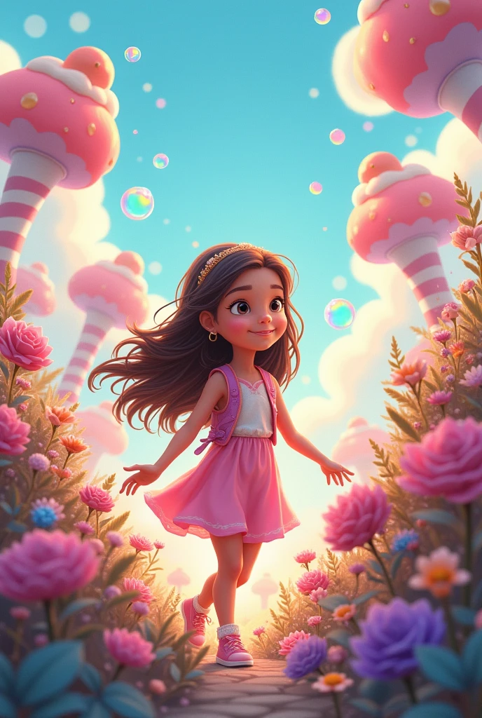 Little brown girl 10 years old long wavy hair , in the sweet world,