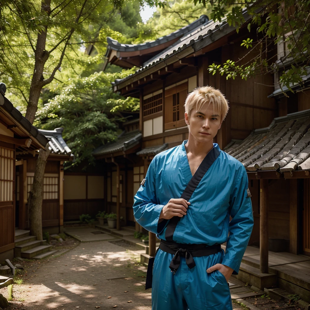 A young ninja with spiky blonde hair and bright blue eyes, wearing an orange jumpsuit with black accents. He has three whisker-like marks on each cheek. He stands confidently, with a determined expression on his face, in a wooded area typical of a ninja village. In the background, a few traditional Japanese buildings are partially hidden by large trees. The overall atmosphere is dynamic and vibrant, reflecting the character's energy and boldness.