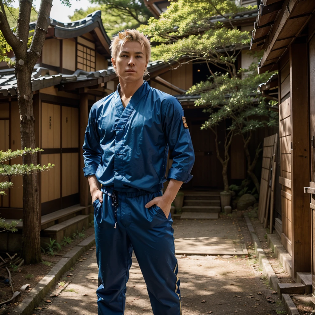 A young ninja with spiky blonde hair and bright blue eyes, wearing an orange jumpsuit with black accents. He has three whisker-like marks on each cheek. He stands confidently, with a determined expression on his face, in a wooded area typical of a ninja village. In the background, a few traditional Japanese buildings are partially hidden by large trees. The overall atmosphere is dynamic and vibrant, reflecting the character's energy and boldness.