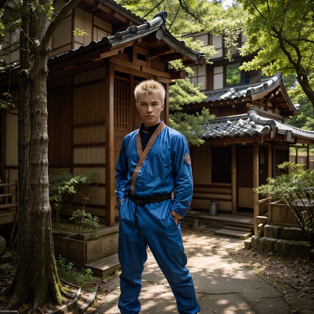 A young ninja with spiky blonde hair and bright blue eyes, wearing an orange jumpsuit with black accents. He has three whisker-like marks on each cheek. He stands confidently, with a determined expression on his face, in a wooded area typical of a ninja village. In the background, a few traditional Japanese buildings are partially hidden by large trees. The overall atmosphere is dynamic and vibrant, reflecting the character's energy and boldness.