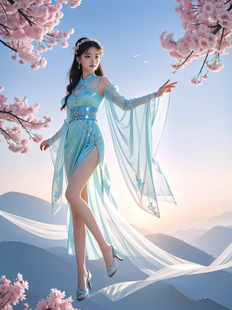 Chinese goddess，Appearances of Seven Chinese Fairies，drift，Her dress is made of tulle，fluttering clothes，The sleeves of the clothes are very long，The fairy's legs are beautiful，Fairy wearing classical Chinese bun，The goddess floats in the sky，The goddess’s face is flawless，masterpiece，8K resolution，The goddess&#39;s hands are folded，The picture is viewed from bottom to top，