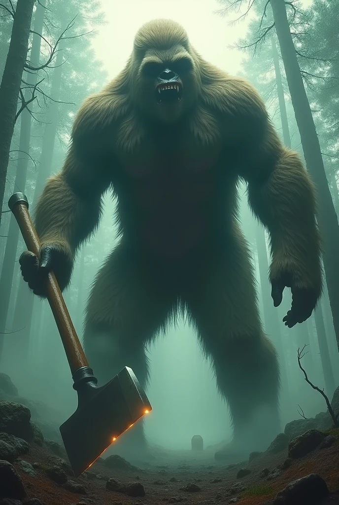 The first-person character is hallucinating and sees a Bigfoot monster with an ax in its hands.