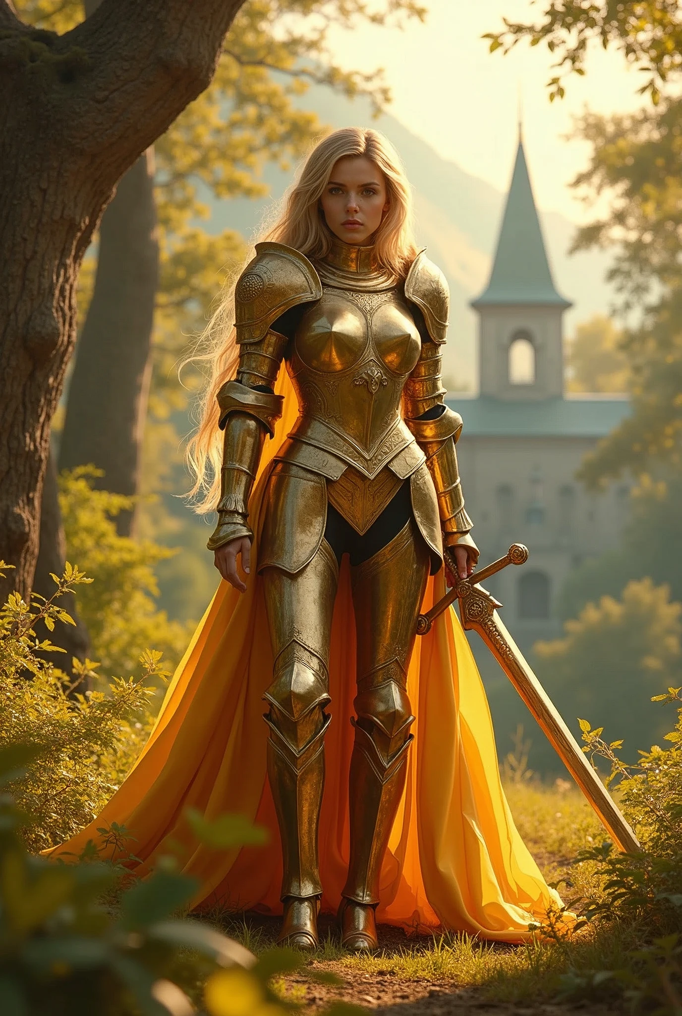 Browsing Caution, 8k, RAW Photos, high quality, Attention to detail, Ultra-high resolution, (Realistic: 1.4), masterpiece, (amazing proportions: 1.6), (10 heads: 1.3), Long legs, Beautiful feet, Tall, Supermodel, Amazingly beautiful and divine medieval Europe々Shishi Female Knight, Exquisite detailing、Dressed in glorious golden armor, With a shining sword. She is lush, A vibrant forest with a castle in the distance. A scene full of vibrant colours, wood々Sunlight shining through, Shine with gold. The knight has long flowing hair and a confident look., Calm expression.", (Very revealing armor: 1.4), Exposed skin, Beautiful Skin, (pubic hair: 1.4), (Big Breasts: 1.2), Cleavage, Beautiful breasts, Long legs, Beautiful feet,