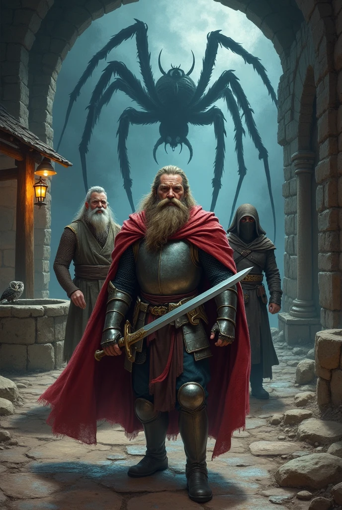 Create a movie poster using oil painting technique. The poster must bear the title of "Mines of Phandelver". It has an ominous atmosphere. There are 4 characters on the poster: a bearded dwarf in the center and to the left, In the center is a knight in shining armor holding a long sword, In the center and to the right there is a monk practicing Kung fu doing a kata, and in the center behind there is a ninja in black clothes hidden in the shadows. We can see a water well with an owl, an entrance to a mine, a medieval town. In the background you can see the silhouette of a spider behind all these elements..