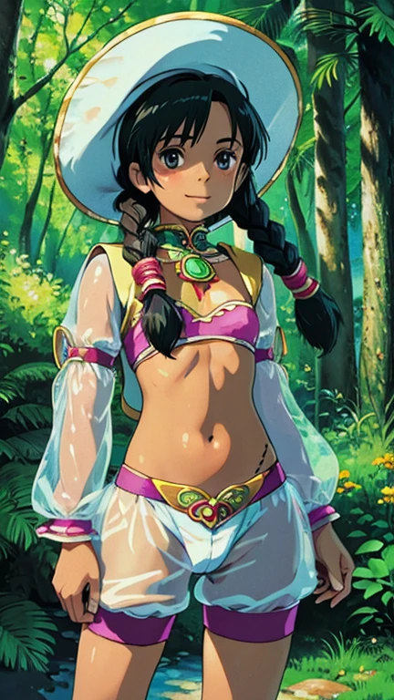 (1girl, solo, highly insanely detailed, masterpiece, top quality, best quality, highres, 4k, 8k, RAW photo),((innocent look)),((Childish)),From the front, symmetrical composition,smile,cute,Innocent,Kind eyes,Flat chest,Hairless vagina, Cameltoe,ghibli style,forest, talim
dark skin
dark-skinned female
twintails
braid
hat, arabian clothes, see-through, bandeau, jewelry
hat, arabian clothes, long sleeves, white shorts, jewelry, midriff