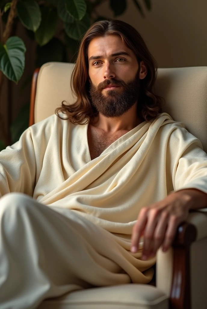 {Ultra-realistic image of Jesus sitting in a cream-colored armchair, hazel eyes, glancing slightly to the side, with legs crossed on the armchair, extremely detaild, chestnut hair, Large Beard, Jesus's clothes, With a radiant smile, looking at side, 8K resolution, high qualiy, extremely detaild, fully body.