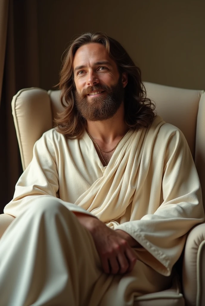 {Ultra-realistic image of Jesus sitting in a cream-colored armchair, hazel eyes, glancing slightly to the side, with legs crossed on the armchair, extremely detaild, chestnut hair, Large Beard, Jesus's clothes, With a radiant smile, looking at side, 8K resolution, high qualiy, extremely detaild, fully body.