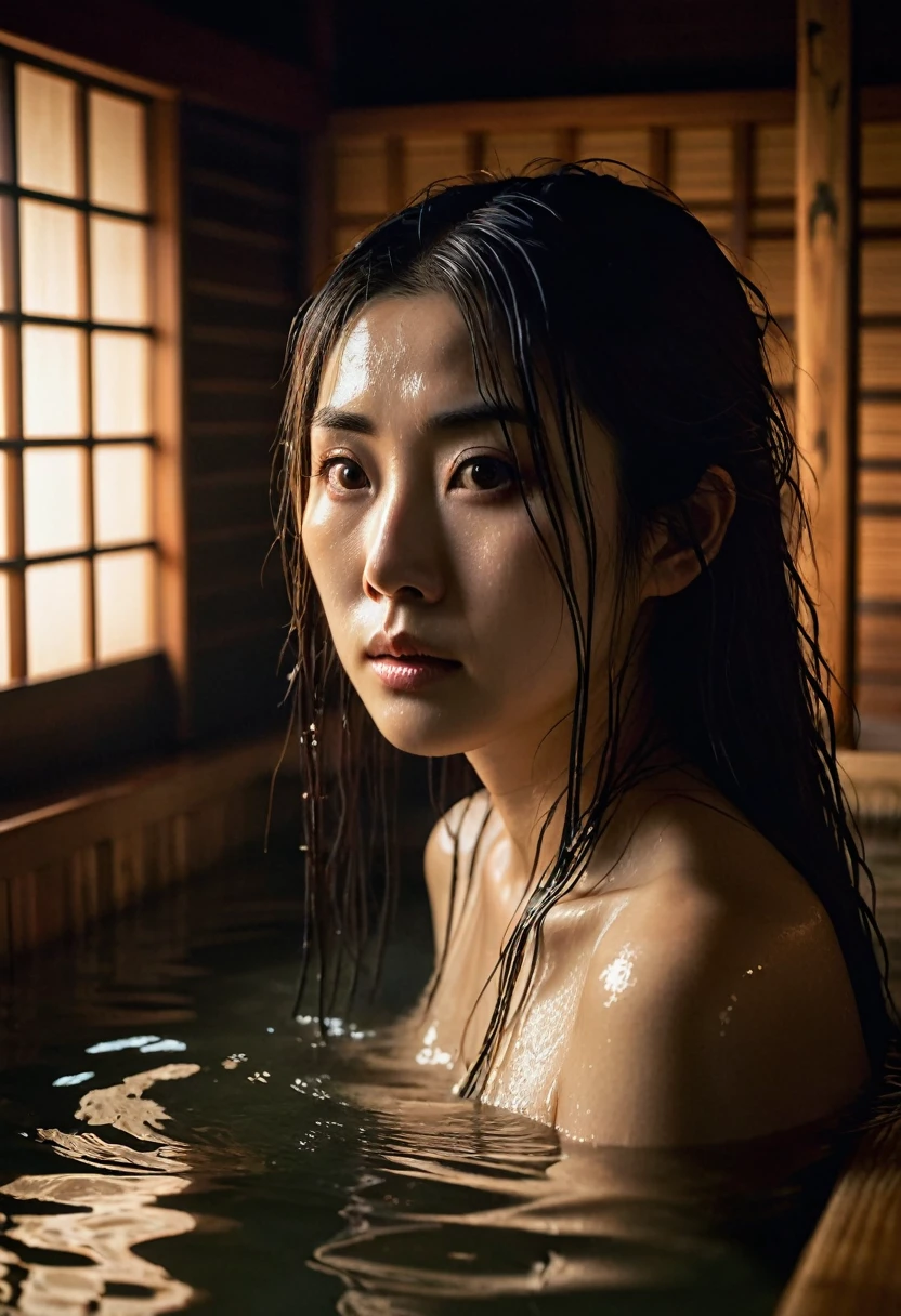 A realistic photograph of a Japanese ghostly woman with long, dark, wet hair partially covering her pale face. Her haunting eyes peek through the strands, filled with an eerie, subtle glow. She is emerging from a traditional Japanese wooden bath, with only her head and part of her shoulders visible above the water. The bathhouse is dimly lit, with warm, soft lighting that casts shadows around the wooden panels and stone floor. Steam rises gently from the hot water, adding a misty, supernatural atmosphere to the scene. The background shows traditional Japanese architecture, including shoji screens and wooden beams, creating a chilling yet serene environment. The image captures the essence of a classic Japanese ghost story with realistic and haunting details.