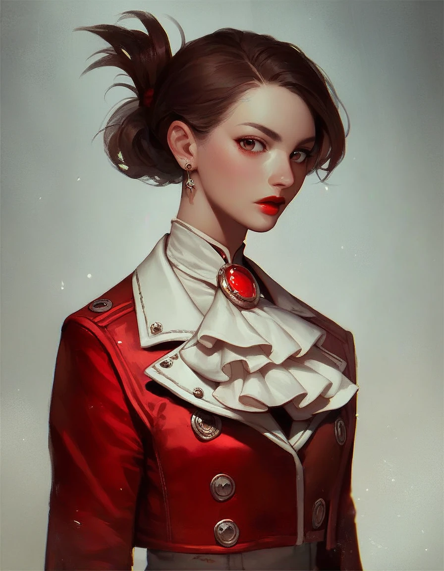 score_9, score_8_up, score_7_up, score_6_up, score_5_up, score_4_up, 1girl, looking at viewer, ultra detailed, cowboy shot, folded ponytail, short hair, long sleeves, red jacket, white shirt, earrings, ascot, brooch, red jacket, red pencil skirt, red lips,