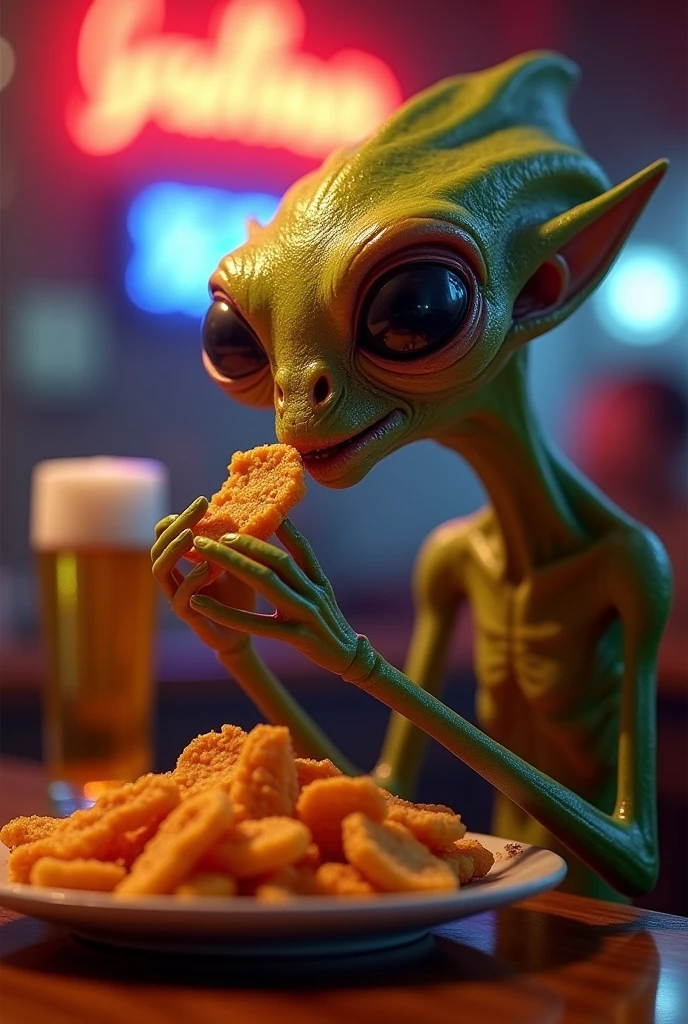 An alien eating chicharrón
With a beer on the side 