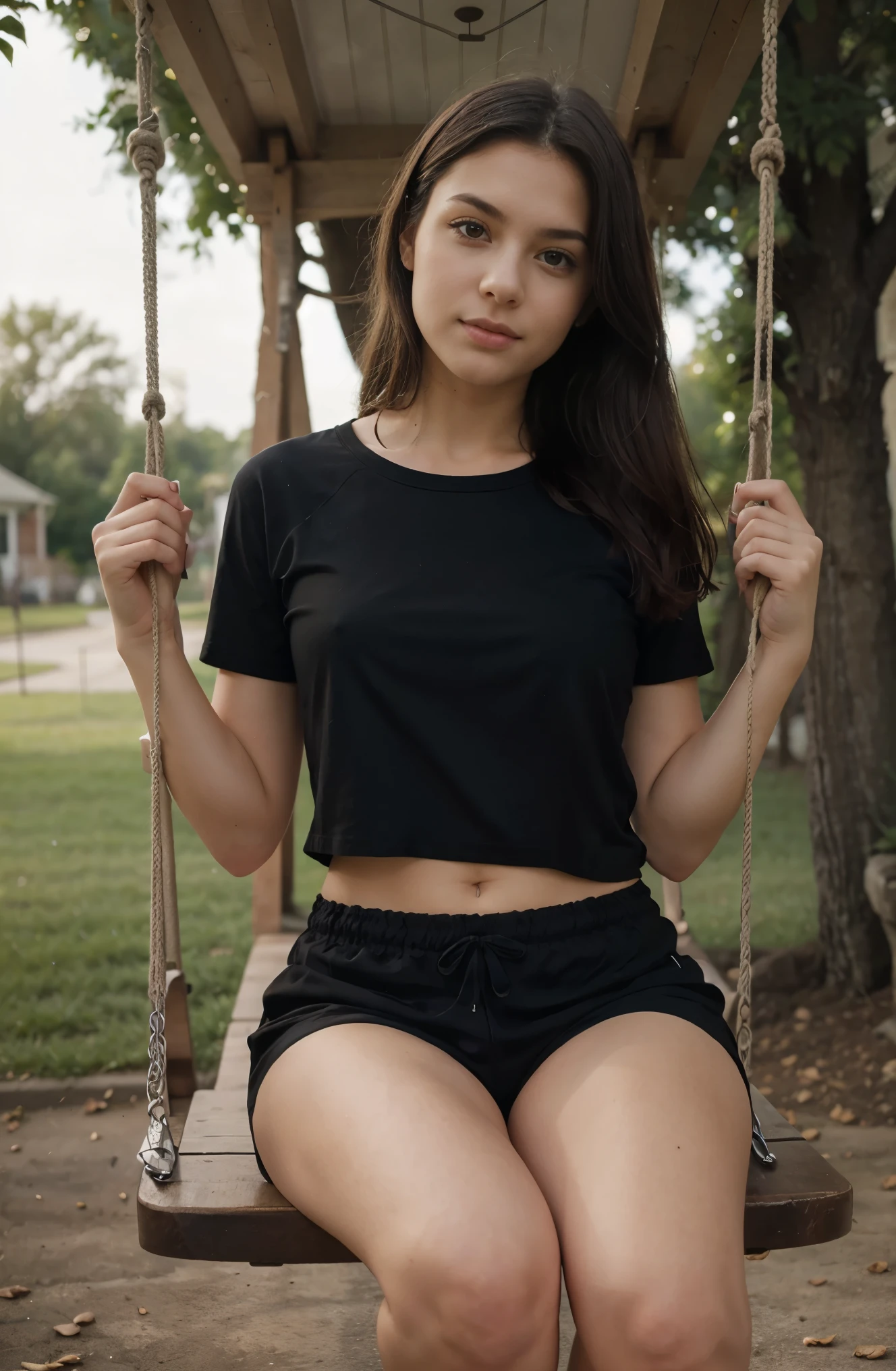 A girl sitting on a swing,wearing a black shirt and shorts