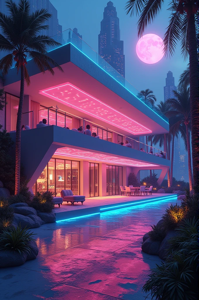 Futuristic mansion, neon lights, Neon City and retrowave aesthetic