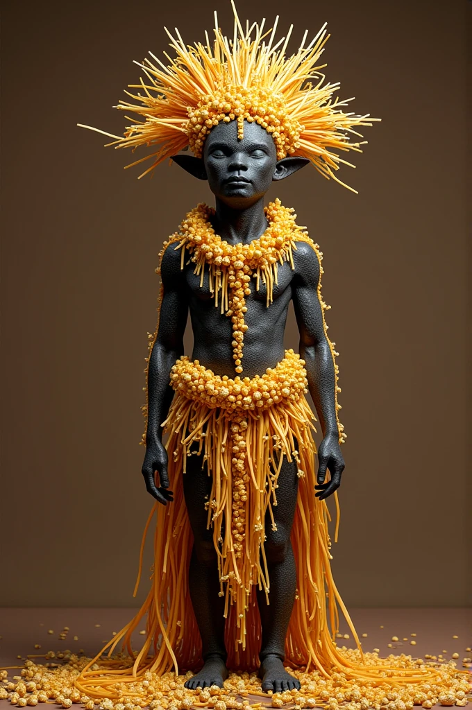 African Orixá covered in straw and popcorn with a background of healing clay floor