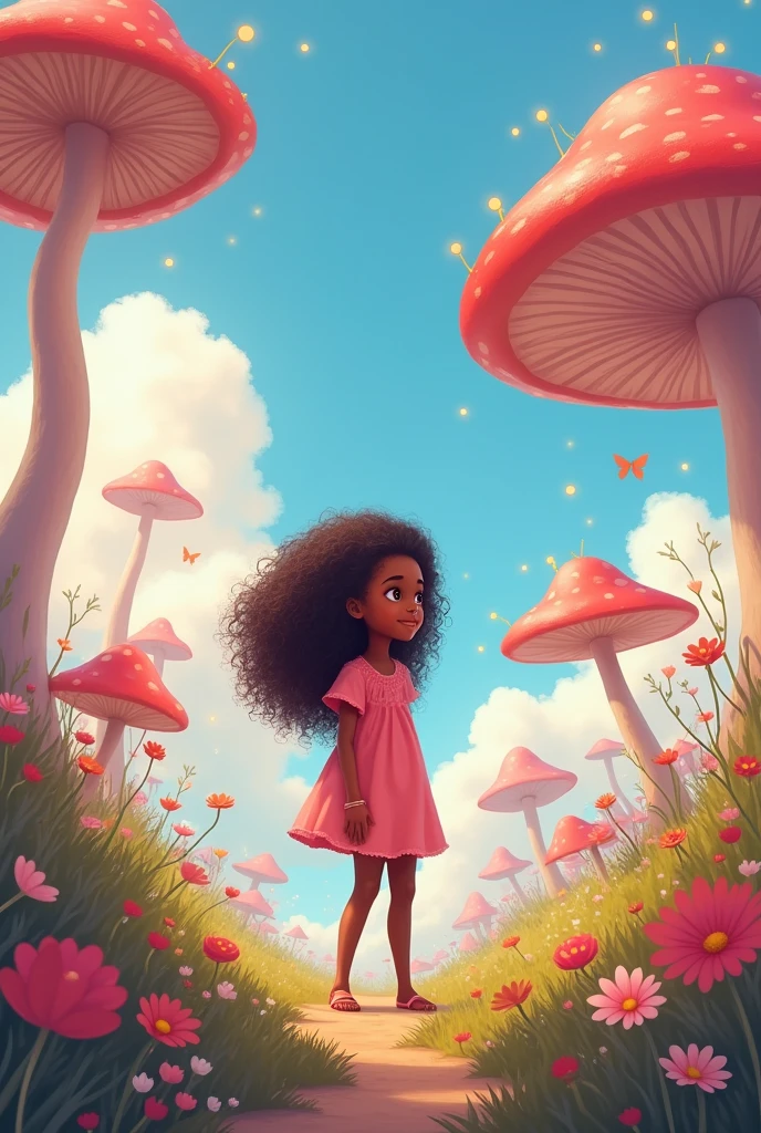 A little brown girl, 10 years old, with long curly hair , in the sweet world,