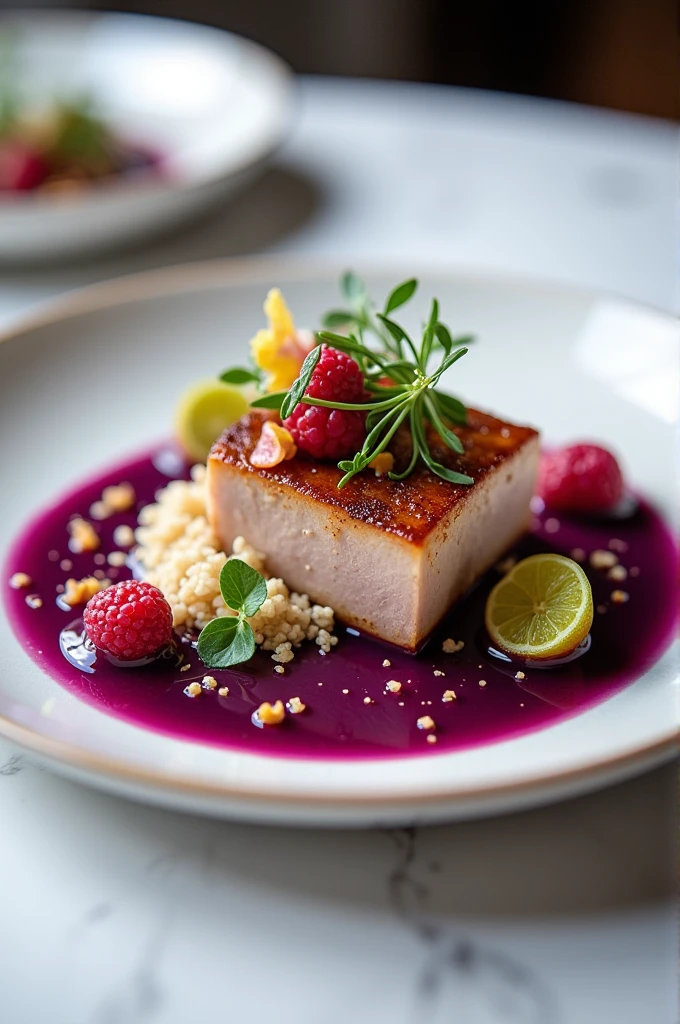 Generate a perfect plating for a dish that includes a pork medallion bathed in an açaí coulis and a portion of quinoa. And separately a star fruit coulis and a forest fruit soda. It must be the perfect plating.